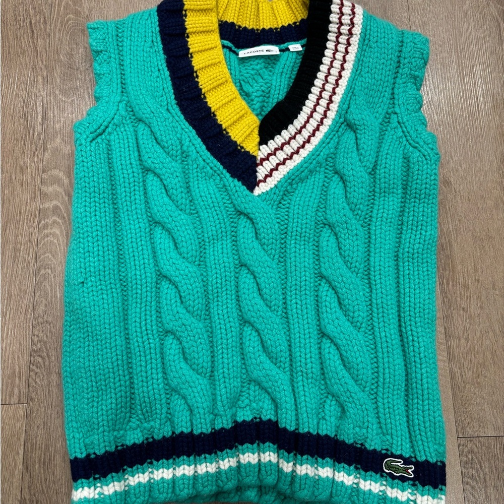 Lacoste Women's Teal V-Neck Cable Knit Sweater Vest